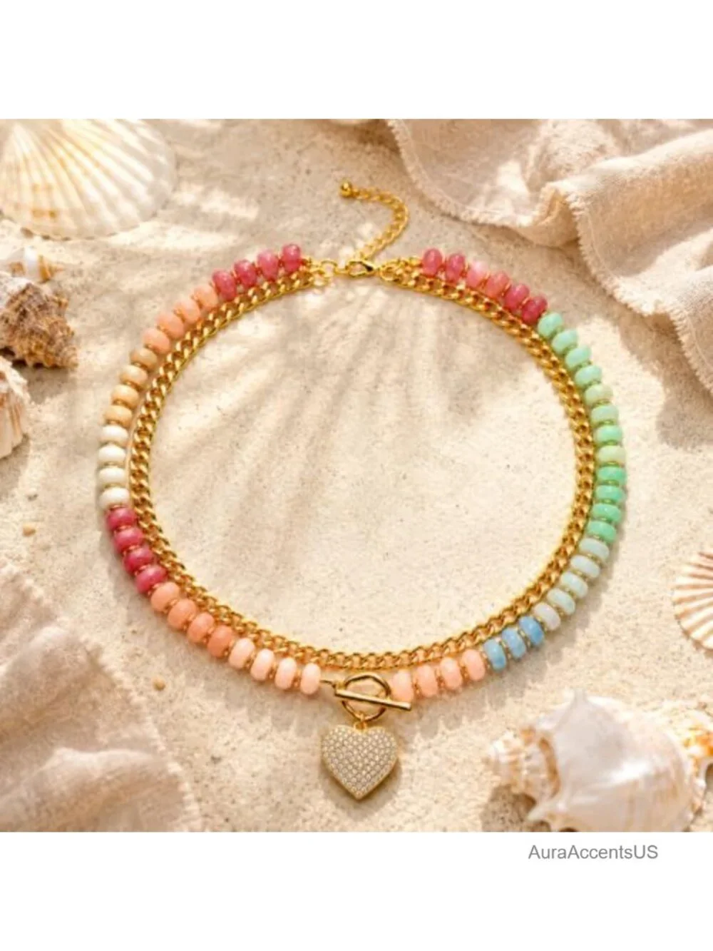 Two-Layer Beaded Necklace with Gold Plated Chain - Boho Choker for Women